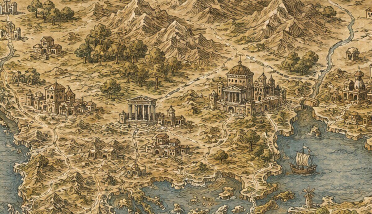 An illustrated antique-style map of hill country, temples and roads, with a four-stop walking route drawn over it