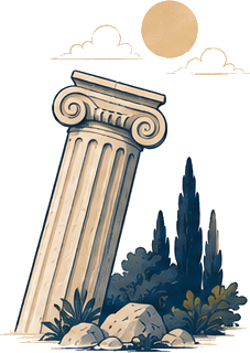 An Ionic column beside cypress trees and scattered stones