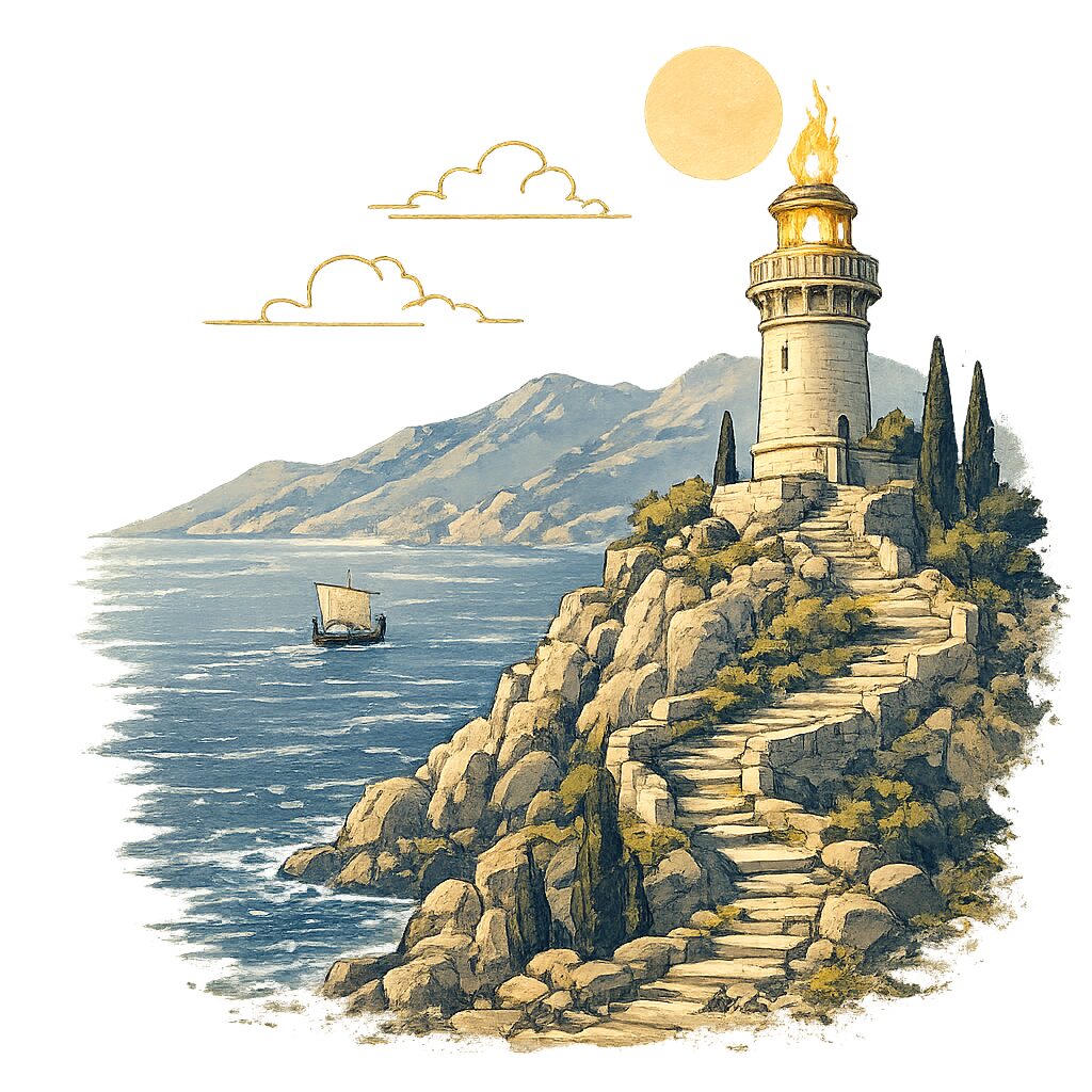 A clifftop lighthouse burning above a calm sea
