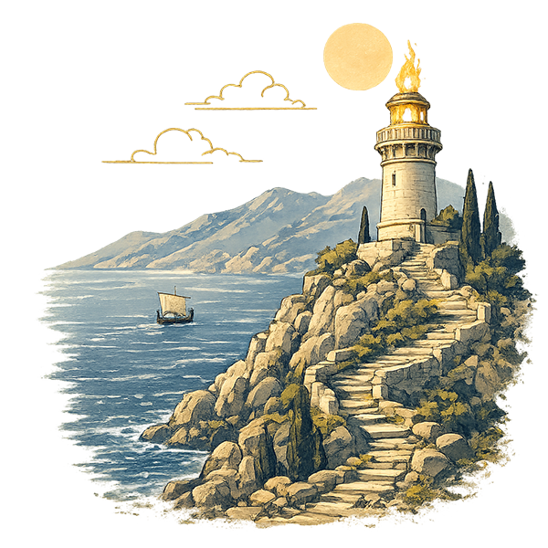 A clifftop lighthouse burning above a calm sea