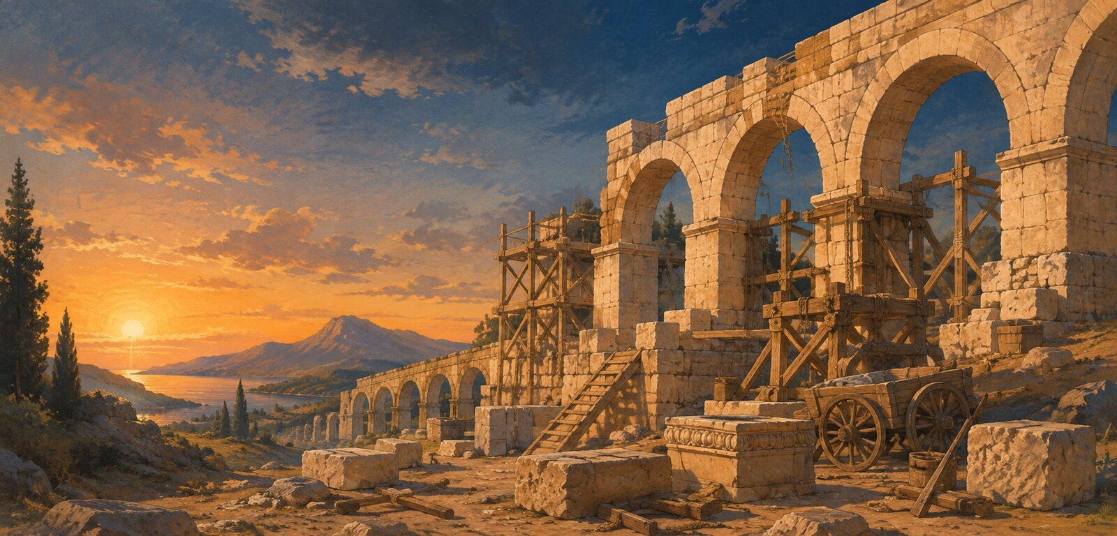 An aqueduct under construction above a Mediterranean coast at sunset