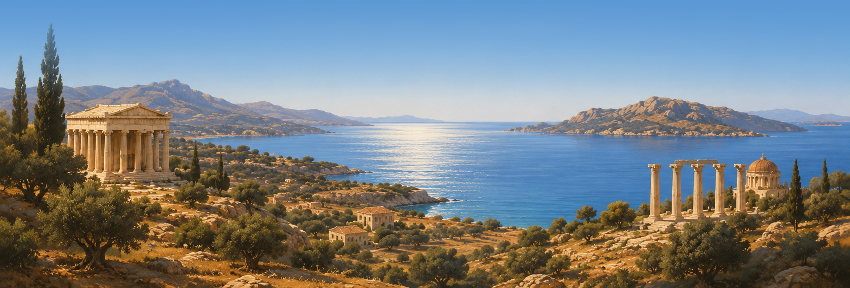 A Mediterranean coast with a hilltop temple, olive terraces and a colonnade above the sea