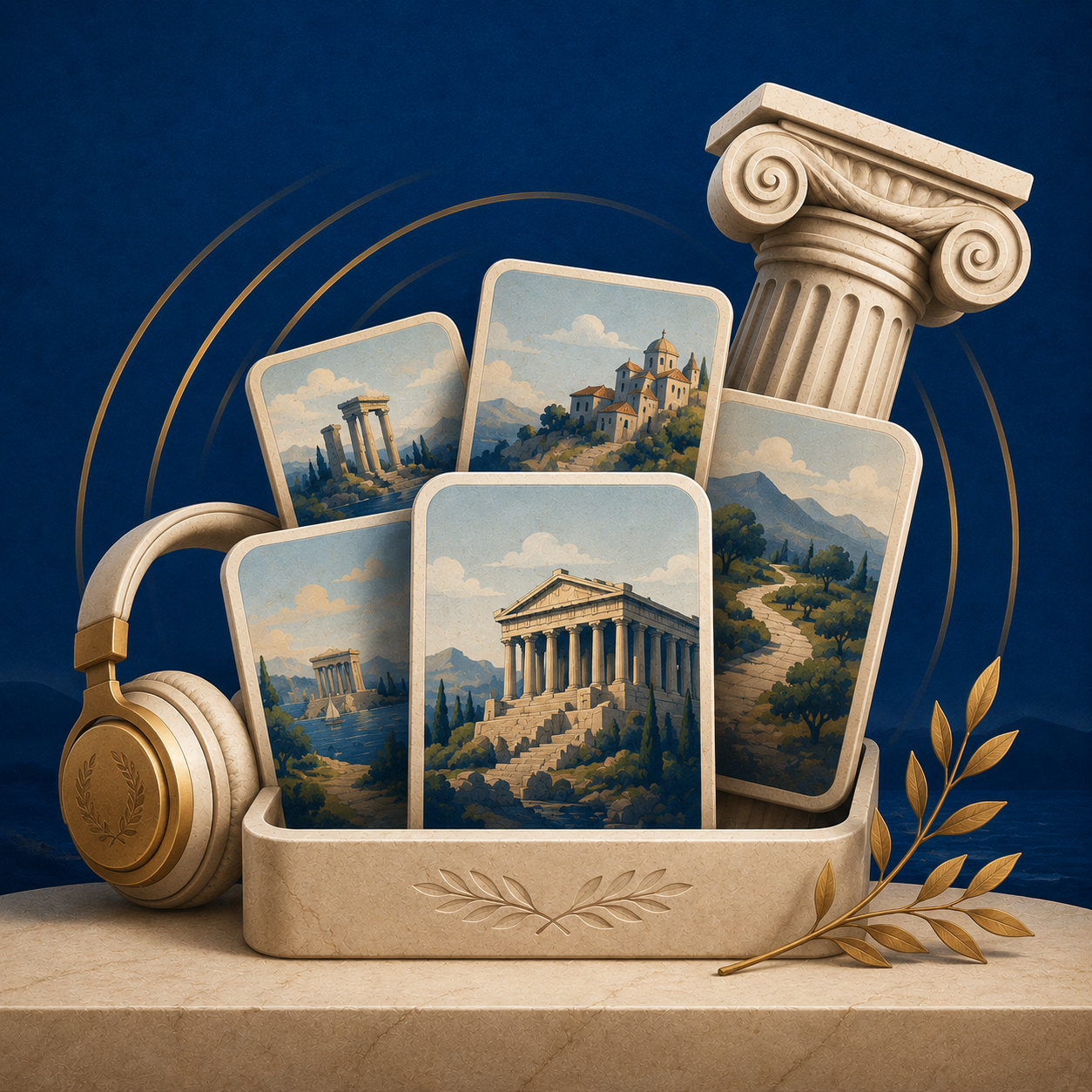 Headphones beside a set of illustrated destination cards