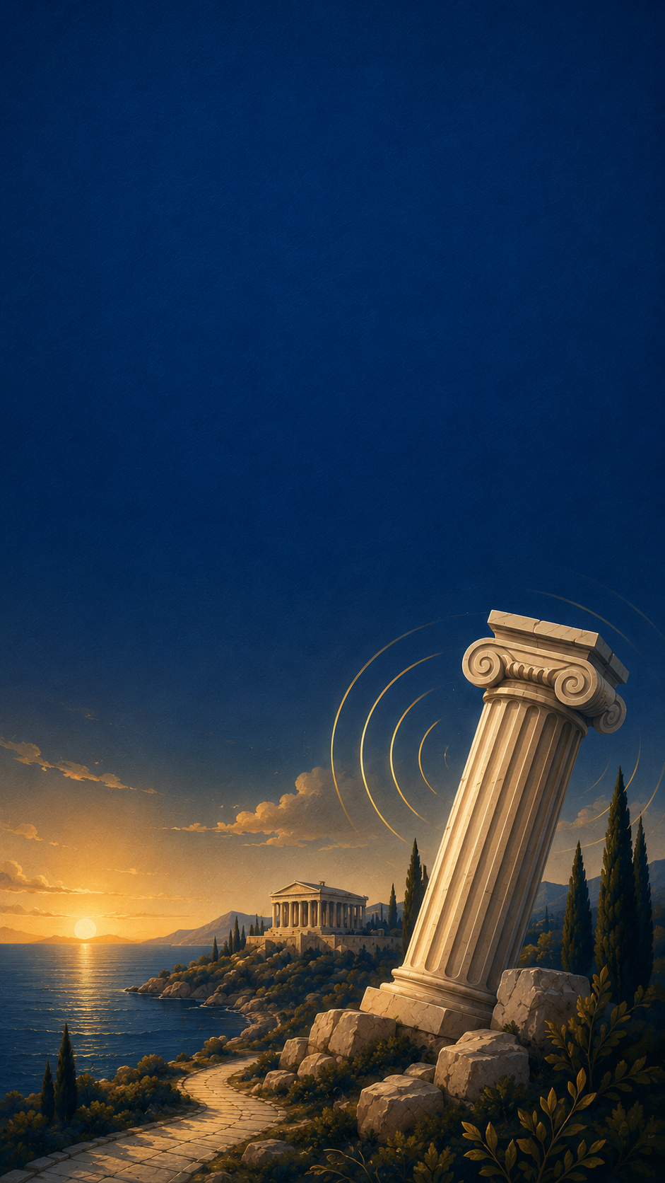 Ionic column at sunset above a Mediterranean coastline